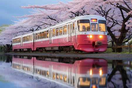 春天的列车樱花绽放的户外风景背景