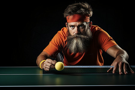 戴着头带留着胡须的男子在乒乓球桌上背景图片