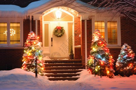 室外照明圣诞节家门前点亮的装饰背景