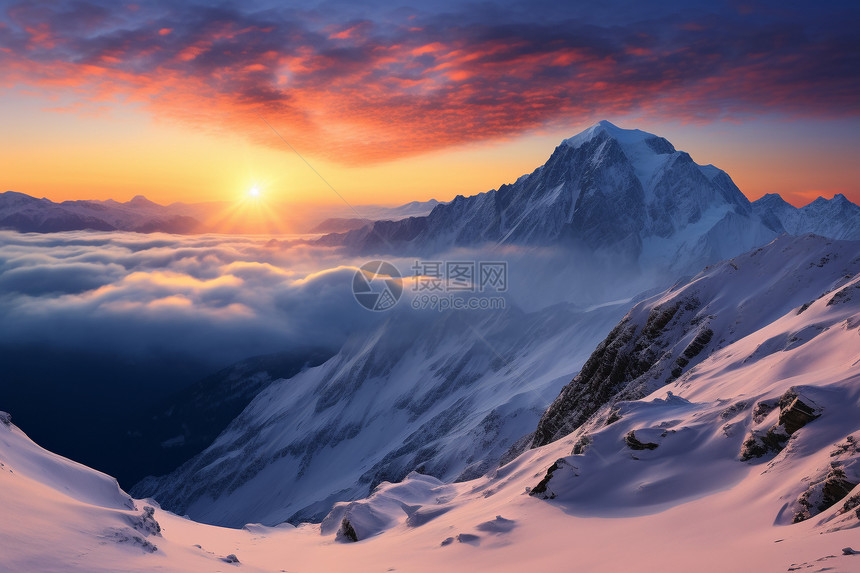 夕阳映照下的雪山图片