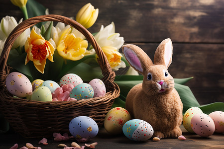 花篮旁坐着一只兔子高清图片
