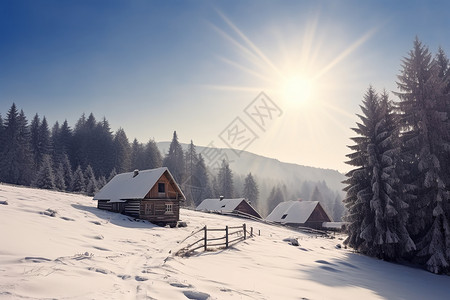 冬日乡村的飘雪天堂高清图片