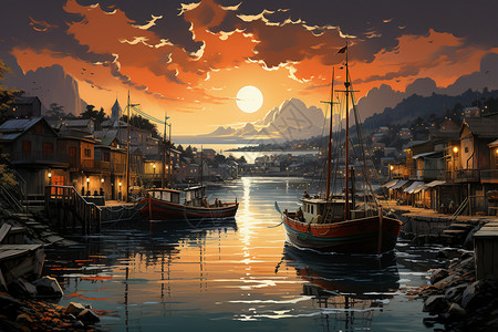 渔港夕阳图片