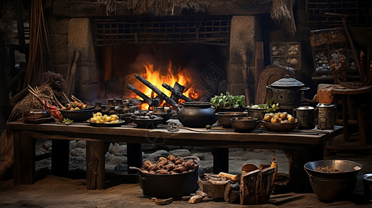 古代美食素材中式厨房背景