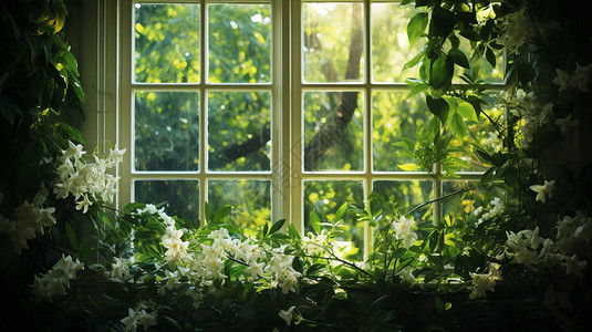 窗子上的花背景图片