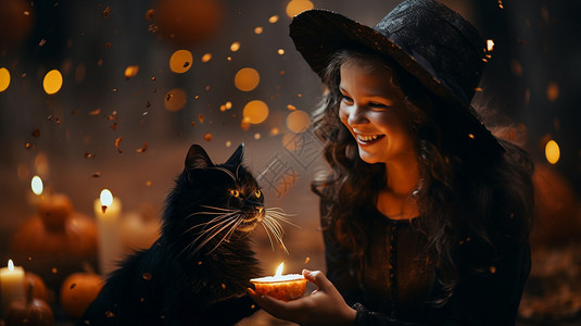 万圣节之黑猫女巫和她的黑猫。背景