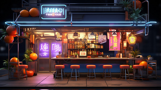 小吃店素材街头夜市小吃摊插画