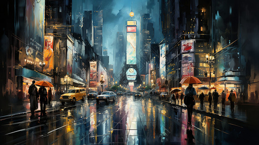 雨天纽约交通城市的雨夜插画