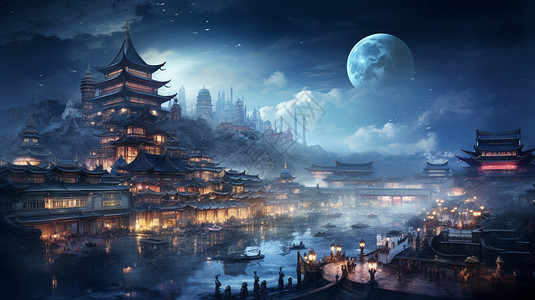 夜色中的古建筑古镇繁华的夜景，插画