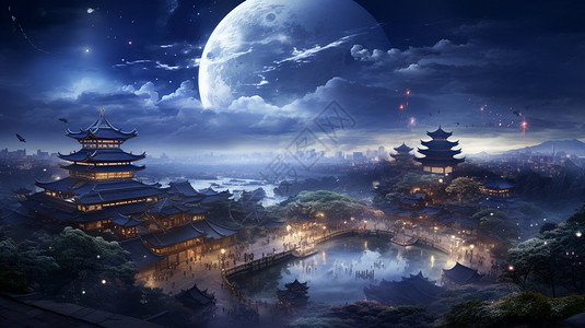 夜色中的古建筑繁华的夜景，插画