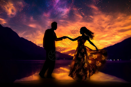爱情氛围情侣在星空中翩翩起舞插画