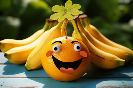 一串香蕉橙子笑脸和水果插画