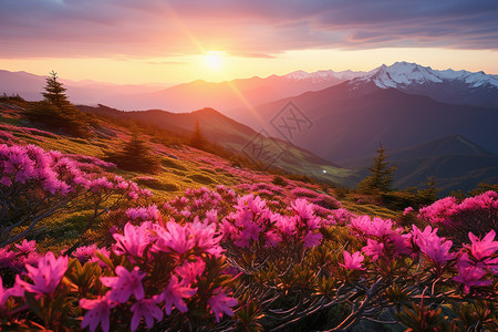 山花烂漫山花晚霞背景