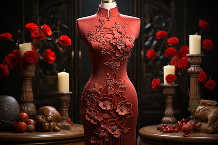 真丝旗袍玫瑰花下的旗袍背景