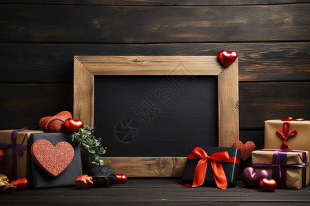 木制画框蝴蝶结的黑板照片设计图片