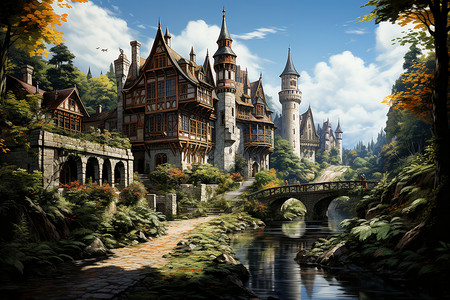 河畔的中世纪城堡图片