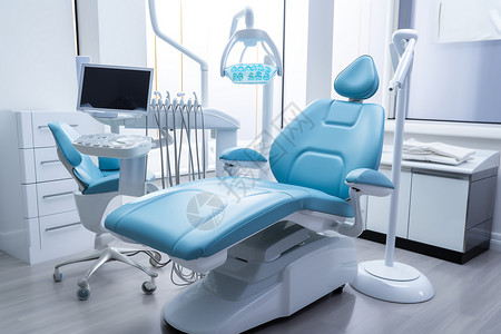 口腔科蓝色椅子的牙科诊所背景