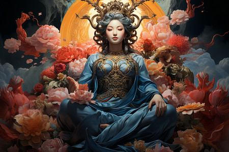女神蓝色花海包围的女神设计图片
