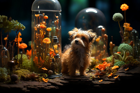 狗毛发玻璃罐边的小狗设计图片