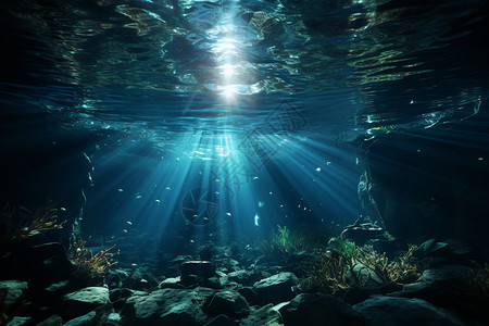 水下礁石阳光透过水面设计图片