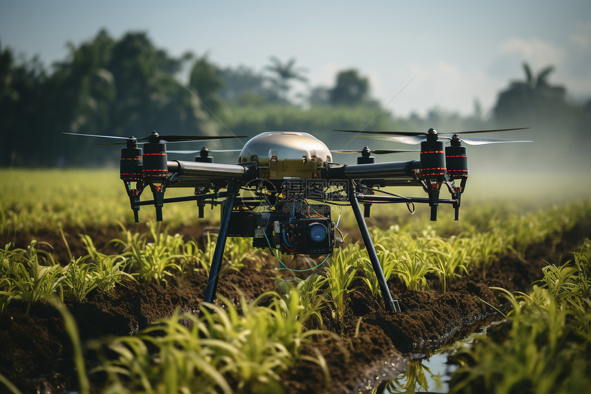 田间喷洒灌溉的无人机图片