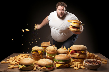 肥胖男人贪婪饮食的肥胖男子设计图片