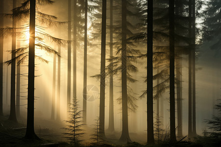 日出迷雾笼罩的森林景观图片