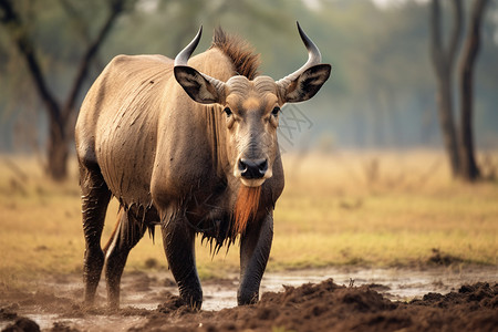 身处泥潭野生的大角羚牛背景