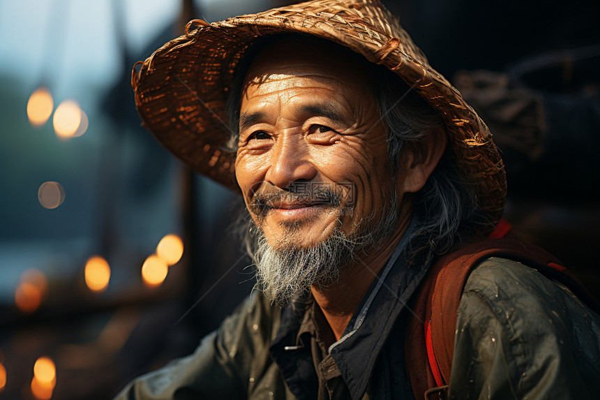 慈祥的乡村渔民肖像特写图片