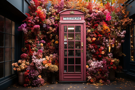 怀旧浪漫的鲜花电话亭背景图片
