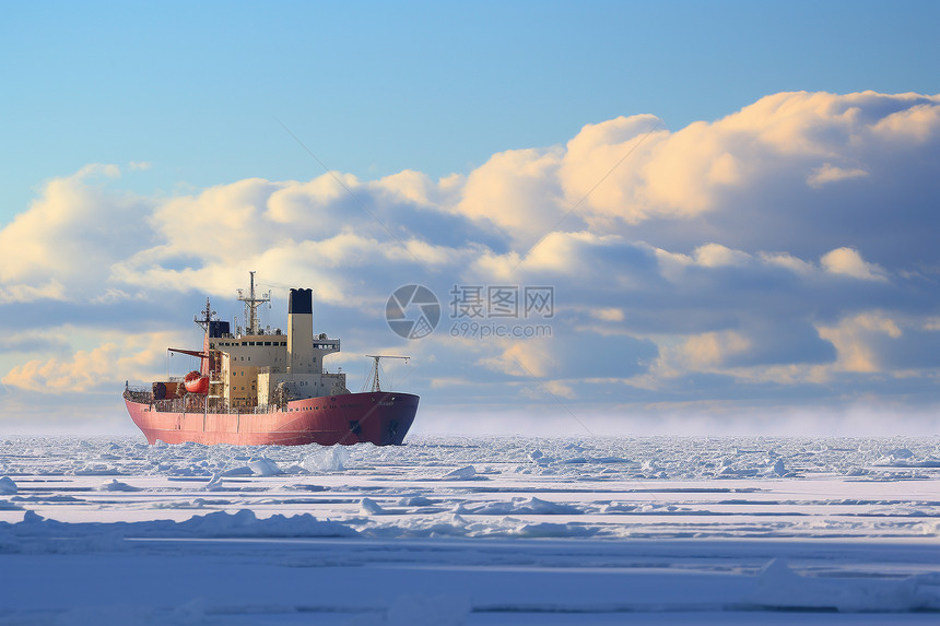 冬日冰川中的探险船图片