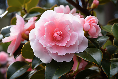 春日园林中盛开的粉色山茶花背景图片