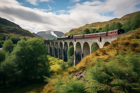 火车穿越山脉的景观图片
