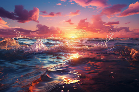 水碰撞迷幻的夕阳照耀大海插画