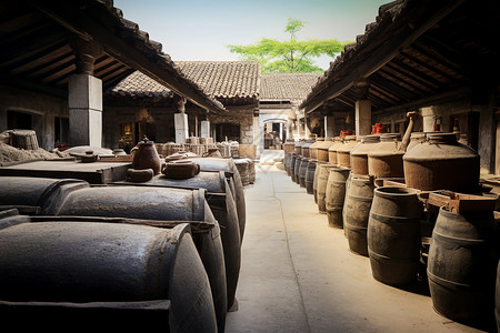 中国酒庄村镇里的一排酒桶背景