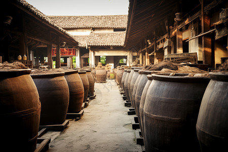 中国酒庄古村落里一排酒坛背景