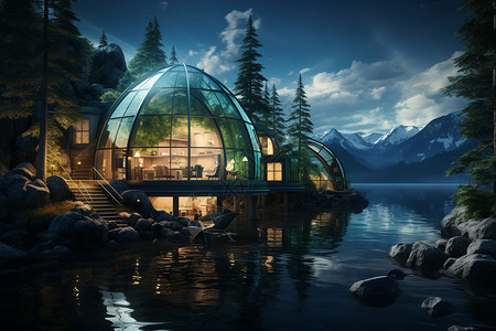 美丽的全景北极圆顶冰屋的美丽景观设计图片