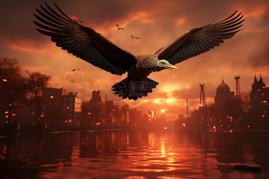 城市河流上飞翔的巨鸟图片