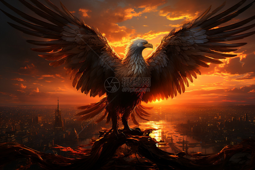 夕阳下城市上空展翅的雄鹰图片