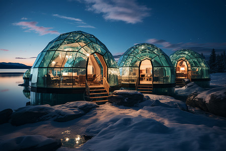 雪域圣诞屋景观黄昏湖泊旁的玻璃景观屋设计图片