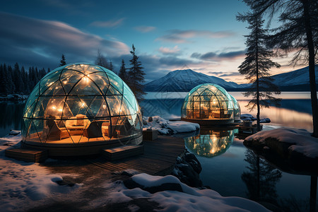山林夜景湖泊旁的球形透明屋设计图片