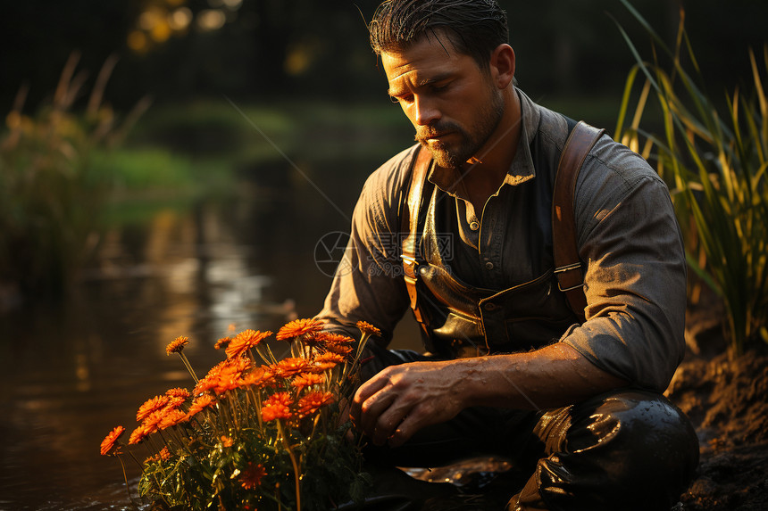 溪流旁采摘野花的外国男子图片