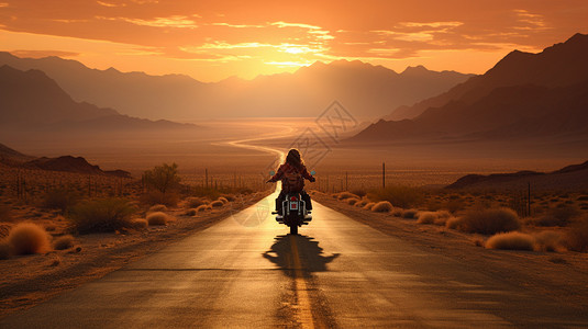 夕阳下荒野公路骑行的男子图片
