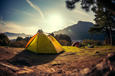 假期最后一天高山草甸上的帐篷背景