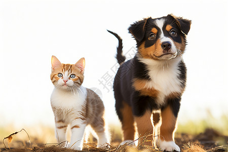 草地上活动的猫狗高清图片