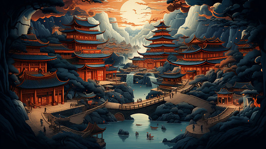 古都之一华丽的中国风插画插画