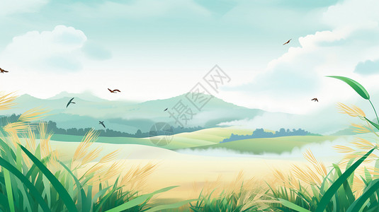卡通风格的稻田背景图片