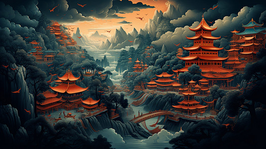 中国元素组成的插画背景图片