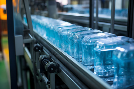 工厂流水线上的蓝色塑料盒图片
