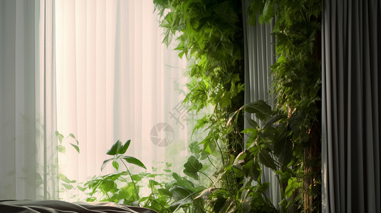 窗帘上的绿色植物图片